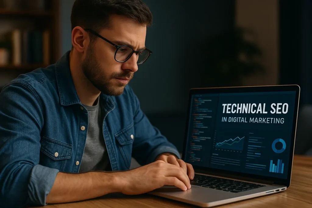 A focused digital marketing professional working on technical SEO in digital marketing using a laptop.