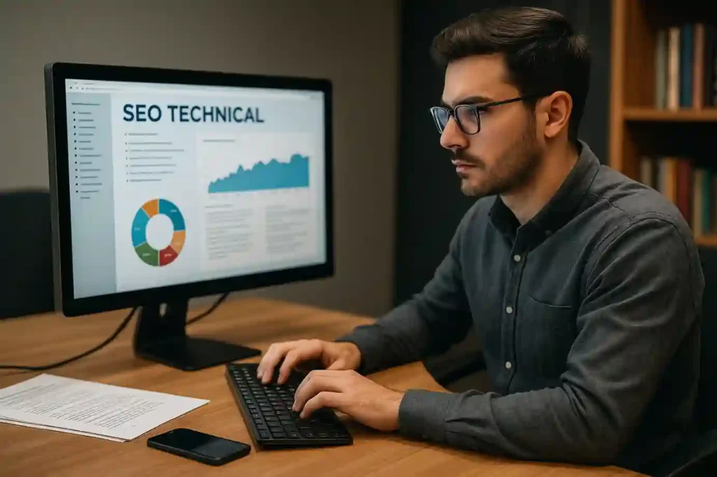 SEO manager analyzing website metrics related to technical SEO questions using analytics dashboard.