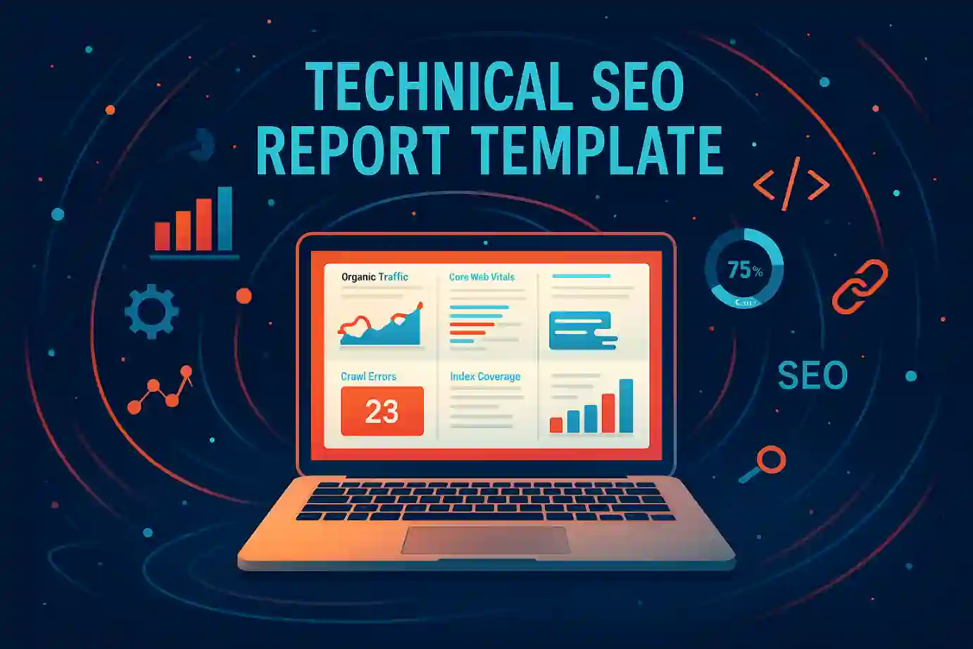 Illustrated dashboard of a technical SEO report template with graphs, crawl errors, and performance metrics on a laptop screen.
