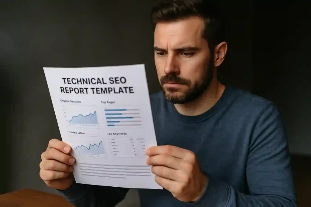 Focused man reviewing a printed technical SEO report template with keyword, crawl, and traffic charts.