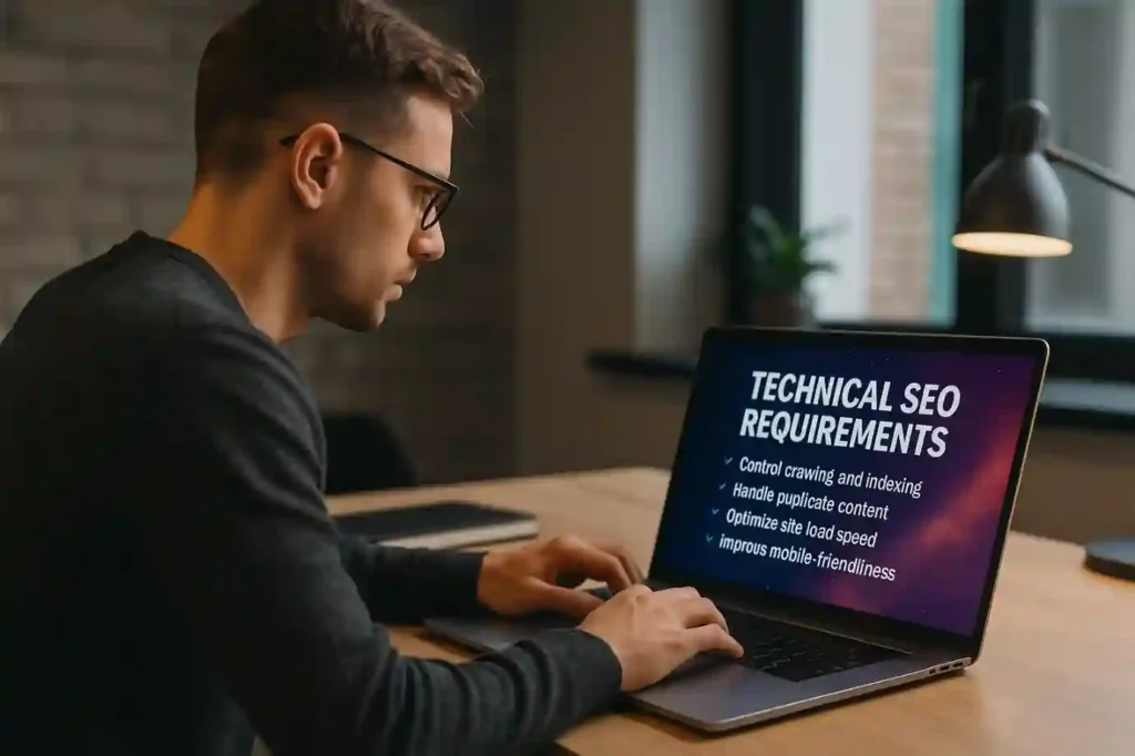 Man analyzing technical SEO requirements on laptop in office setting