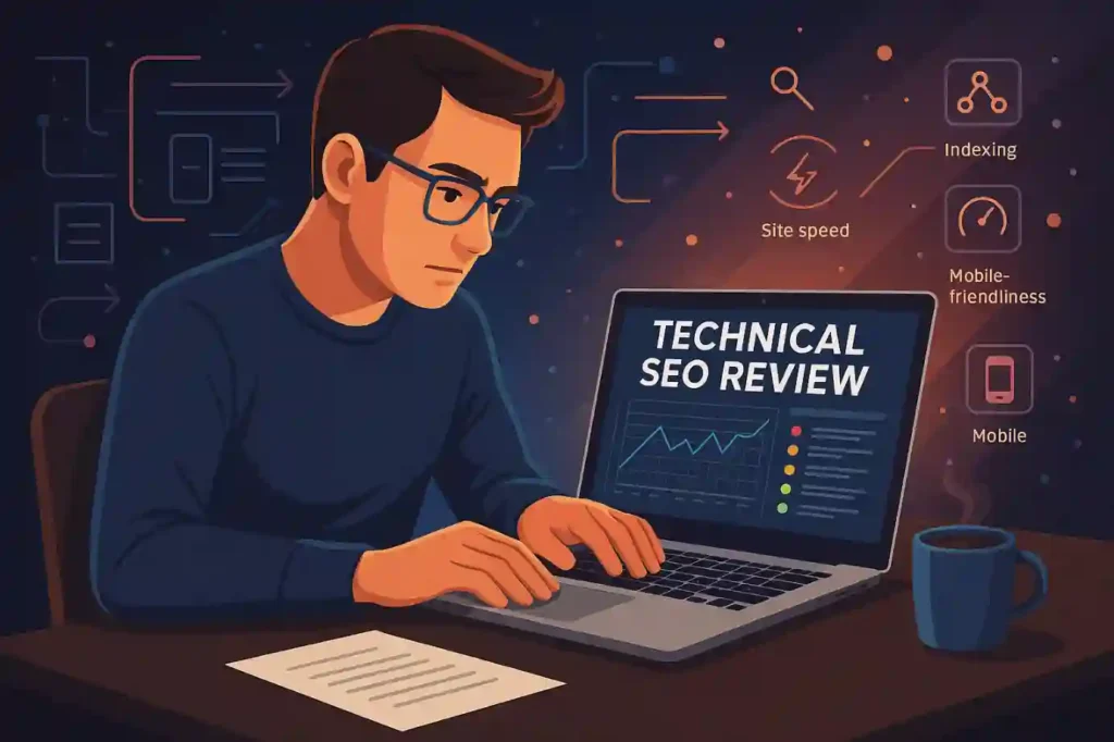 Digital marketer analyzing a technical SEO review with graphs and audit insights on laptop