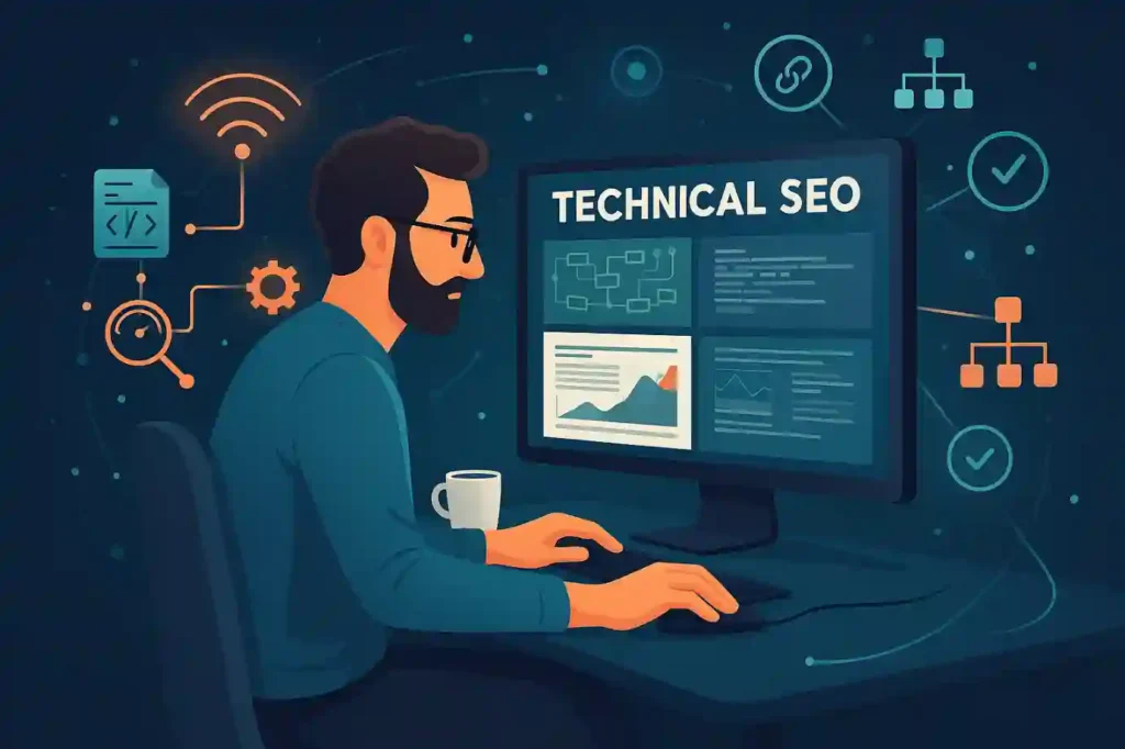 SEO specialist working on technical SEO work at a modern computer setup with visual metrics