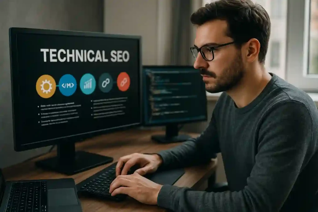 Developer working at a dual-screen setup optimizing technical SEO parts of a website.