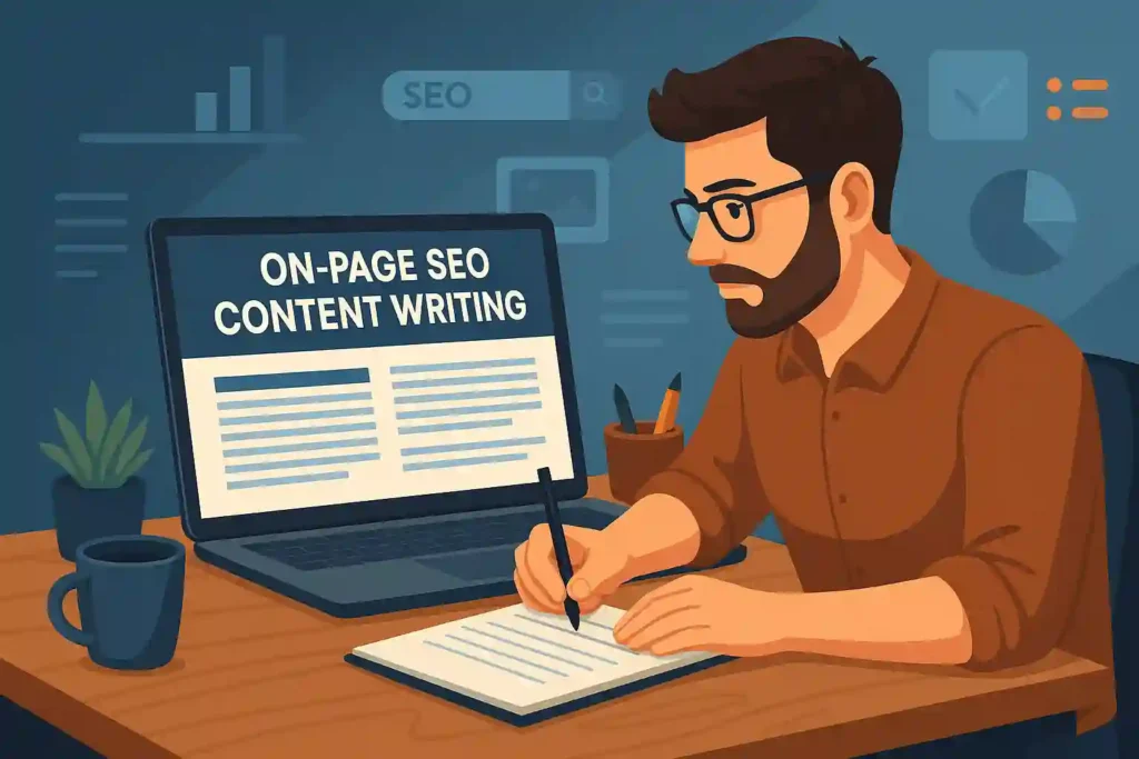 Man working on a laptop while writing notes, illustrating the process of on page SEO content writing.