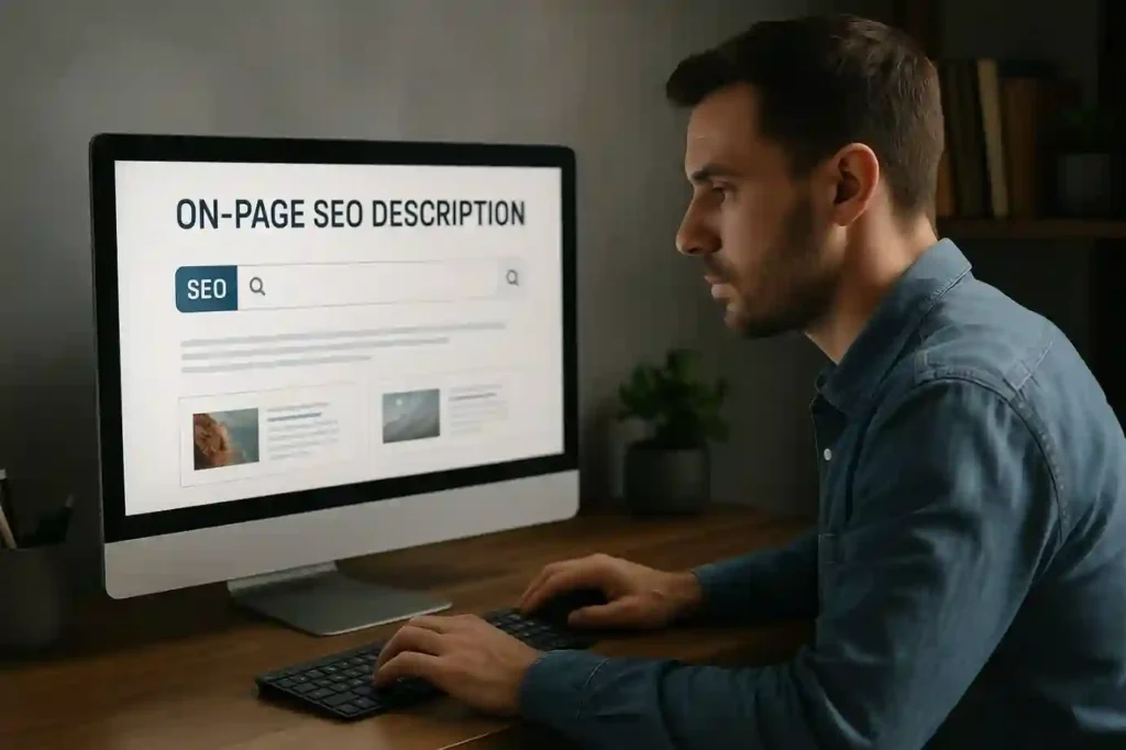 Man working at a computer on crafting a well-optimized on page SEO description in a home office setting.