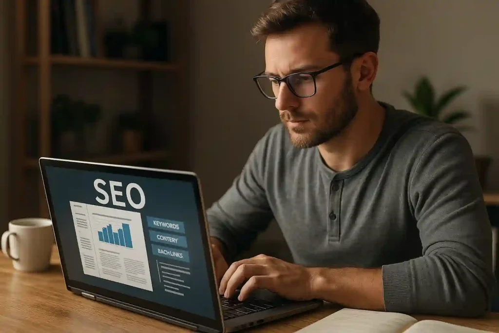 Focused man working on laptop with SEO dashboard on screen, representing a real-life on page SEO job description setting