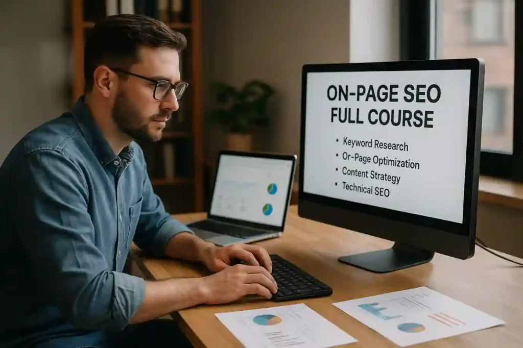 Close-up of a content specialist managing search engine optimization tasks in a dynamic workspace, visualizing an on page SEO job description.