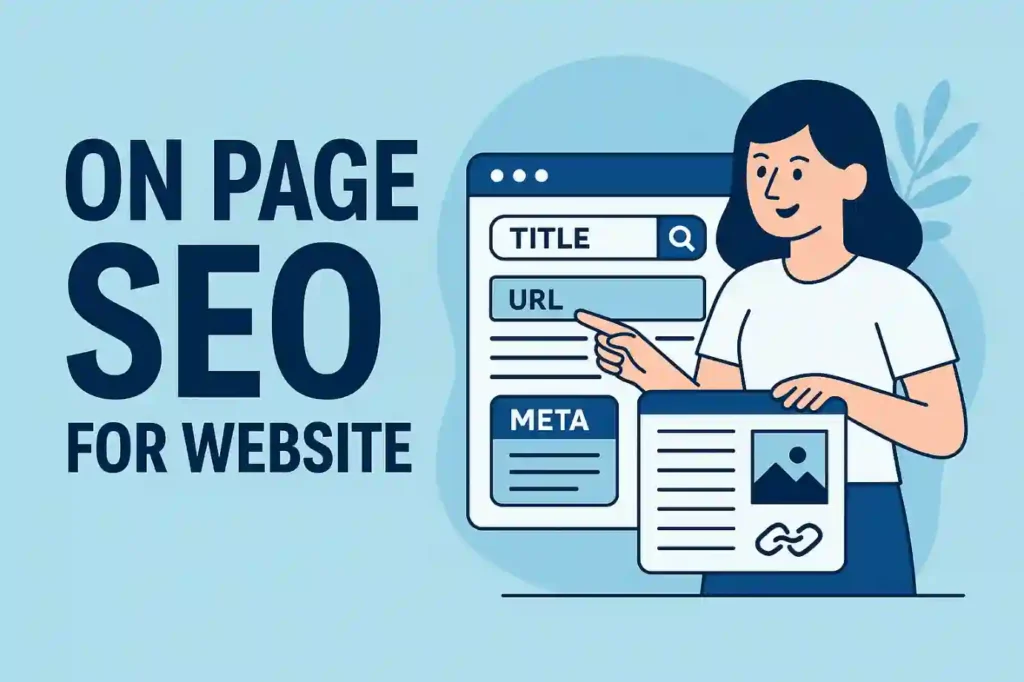Illustration of a woman explaining on page SEO for website elements like title, URL, and meta tags