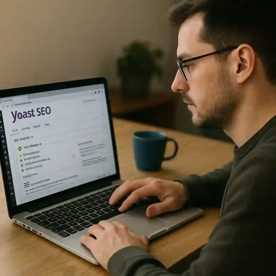 Man using the Yoast technical SEO plugin on WordPress to optimize a website from his laptop