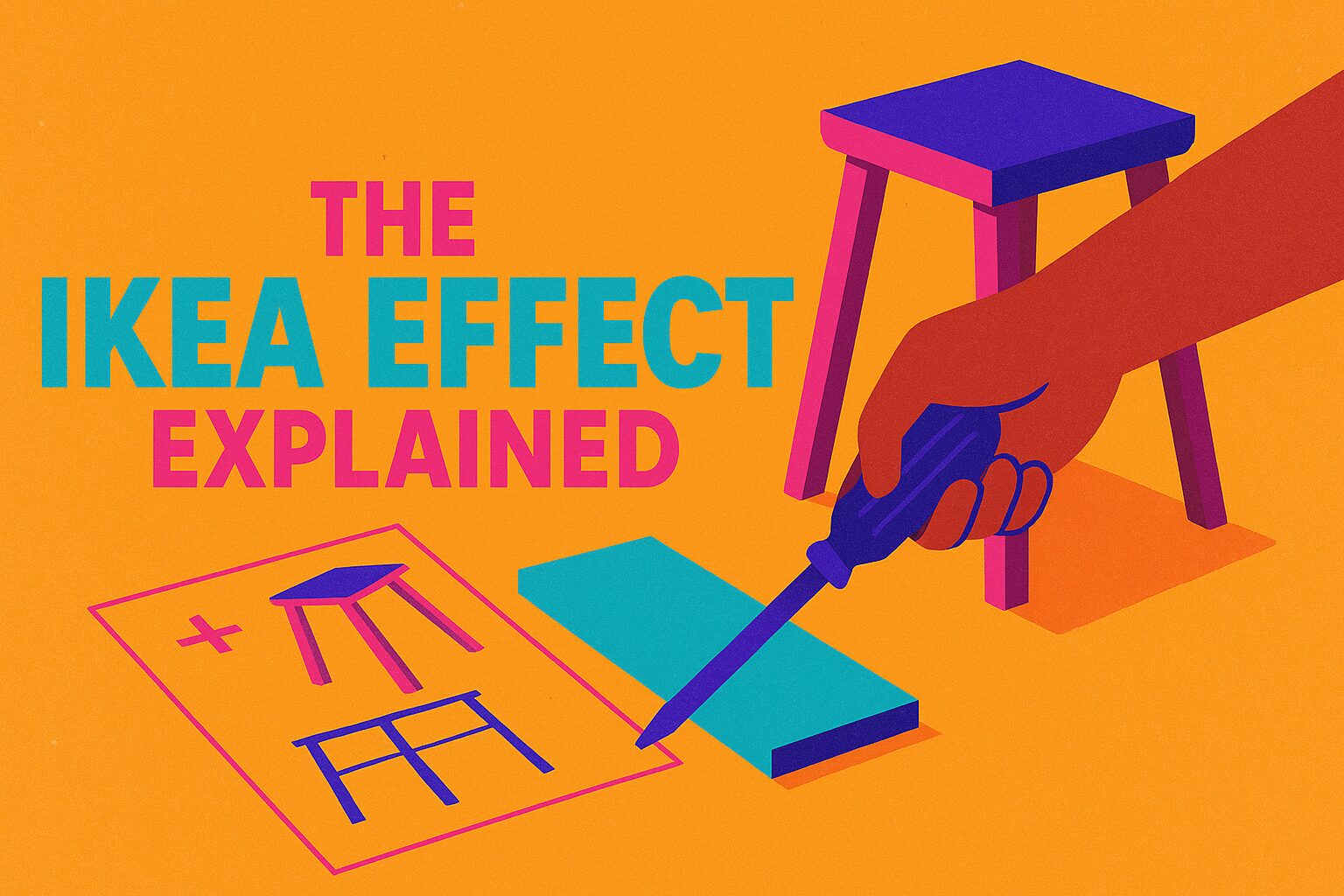 Illustration of a hand assembling a stool with a blueprint on a vibrant orange background, representing the ikea effect explained.