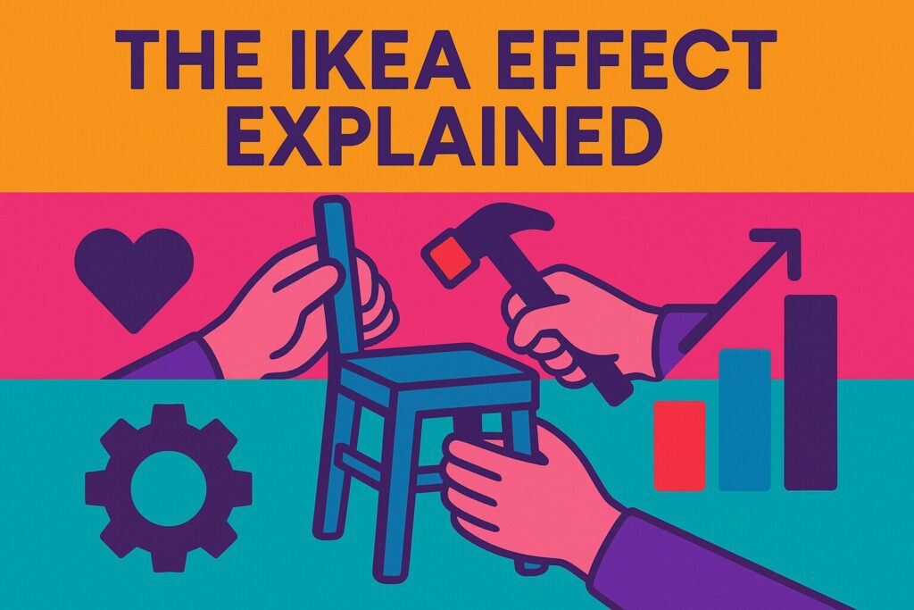Creative vector showing hands building a chair with tools and graphs, highlighting the ikea effect explained.