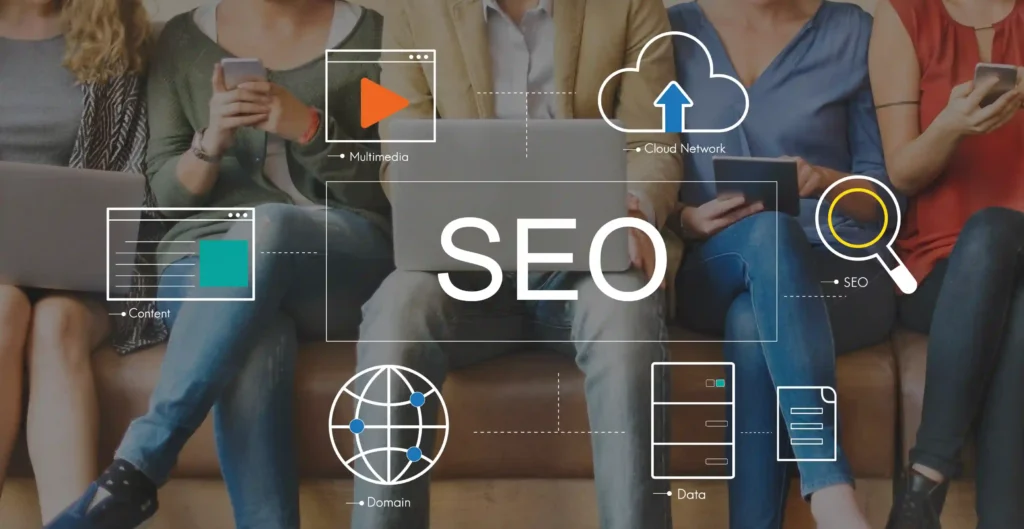 Visual representation of Off-Page SEO with big data, domain, and content strategy elements