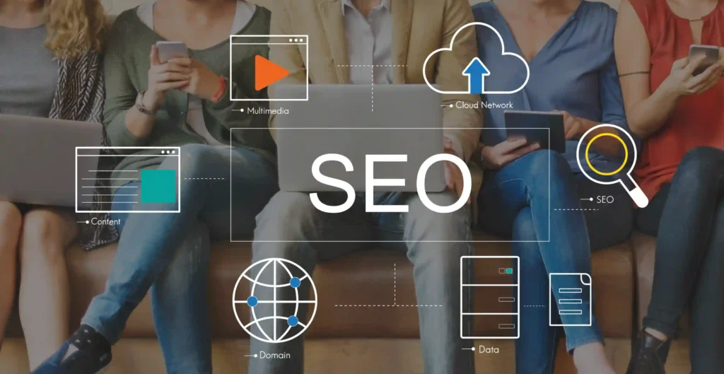 Group of people using digital devices with SEO icons representing off page seo backlinks types