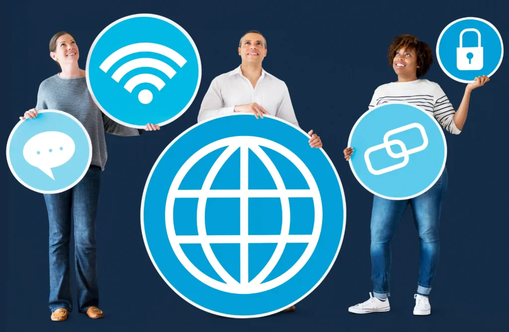 Diverse team holding icons representing elements of International SEO like global access, links, and security