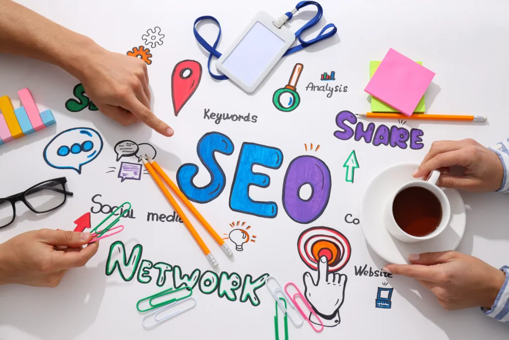 Creative SEO strategy layout with the phrase technical SEO report template among keywords, analysis, and social media icons.