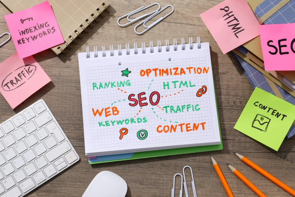 Flat lay of SEO notes and diagrams showing keywords, traffic, and content, centered on technical SEO work planning.