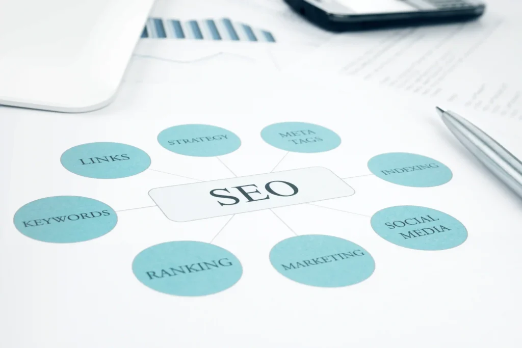 Flowchart of SEO elements including links, keywords, and strategy used for on page SEO keyword research