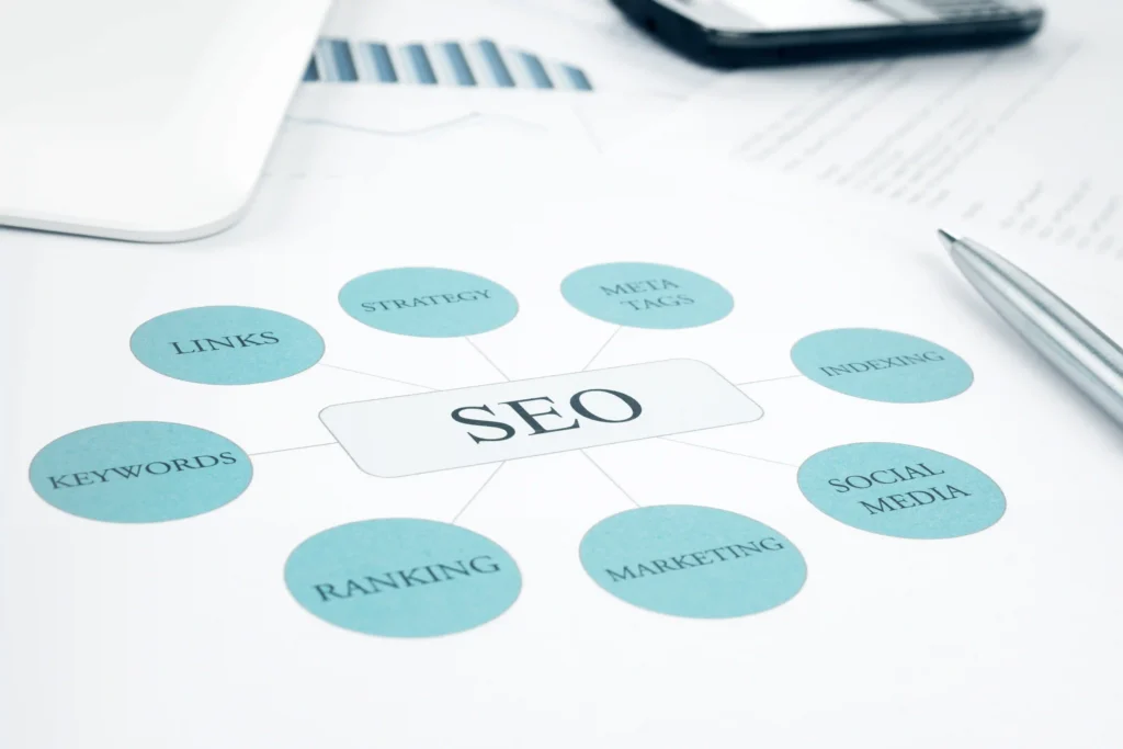 Flat lay of an SEO audit flowchart outlining key optimization elements like keywords and backlinks.