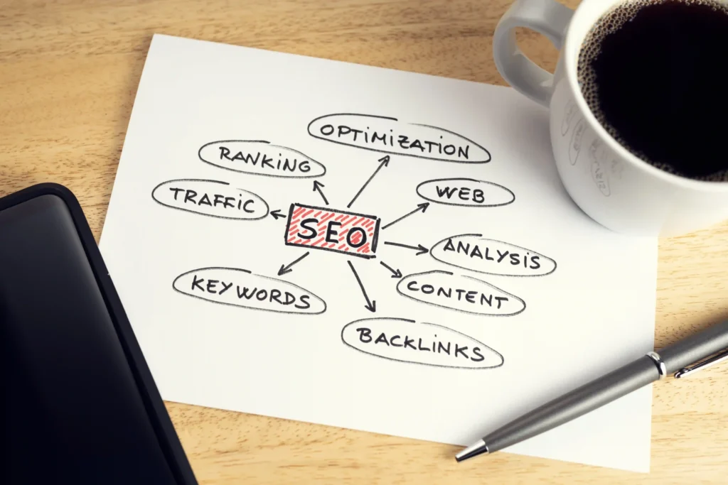 Hand-drawn SEO mind map on paper with terms like ranking, traffic, and keywords around a cup of coffee