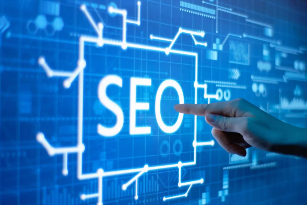 Hand pointing at a digital interface with technical SEO benefits displayed