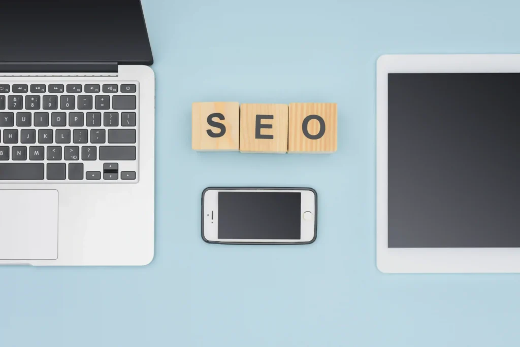 A digital illustration showing a laptop at the center of a connected web of links and icons, labeled off page SEO 2025