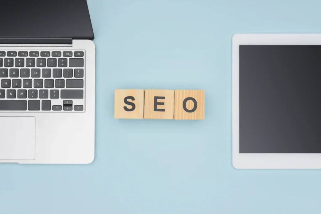 Clean technical SEO review layout with SEO blocks between digital devices