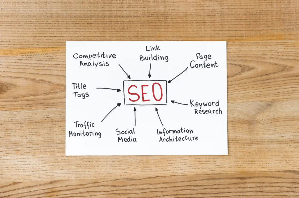 Hand-drawn SEO diagram highlighting key areas like keyword research and link building from an on page SEO tools list