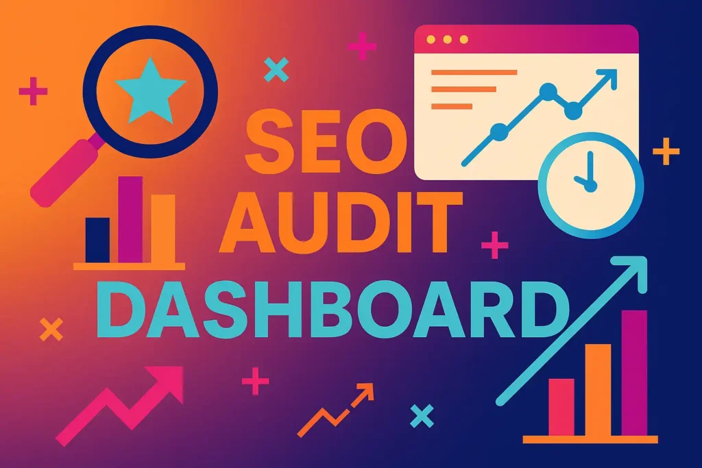 Flat illustration with gradient colors showing SEO audit dashboard elements like charts, arrows, and magnifier.