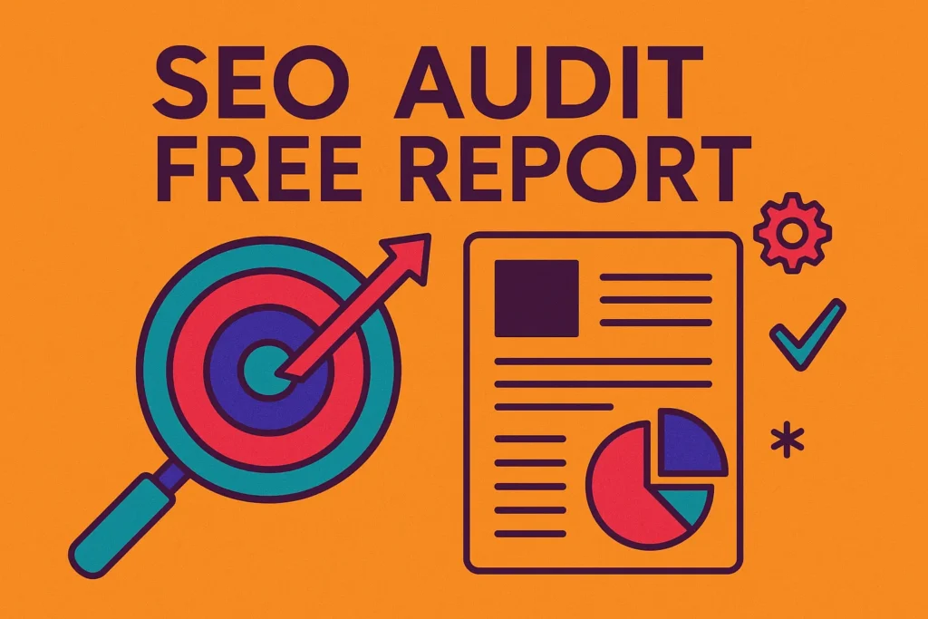 Colorful illustration of a target, pie chart, and magnifying glass representing a free SEO audit report analysis.