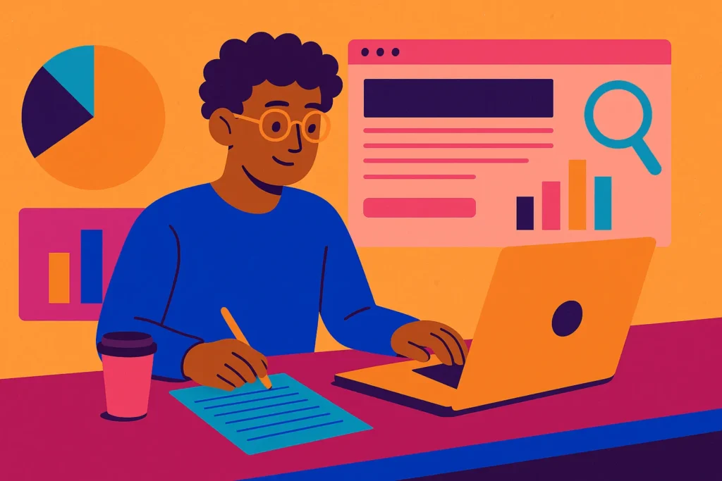 Digital marketer analyzing seo audit content with charts and graphs on screen