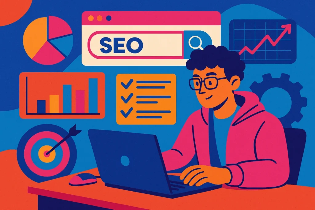 Colorful SEO workspace showing tools and graphs for seo audit content planning