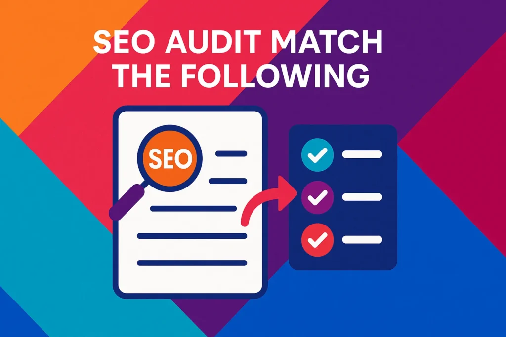 SEO document and checklist infographic showing steps to seo audit match the following website issues.