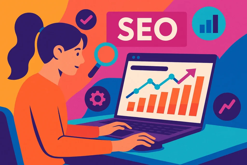 Colorful digital illustration of a woman analyzing SEO data on a laptop, representing the concept of SEO analysis meaning.