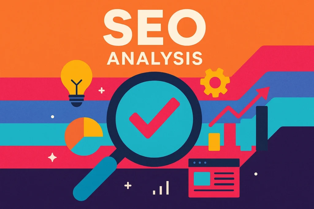 Bright and bold digital artwork featuring SEO icons like charts and magnifying glass, capturing the essence of SEO analysis meaning.
