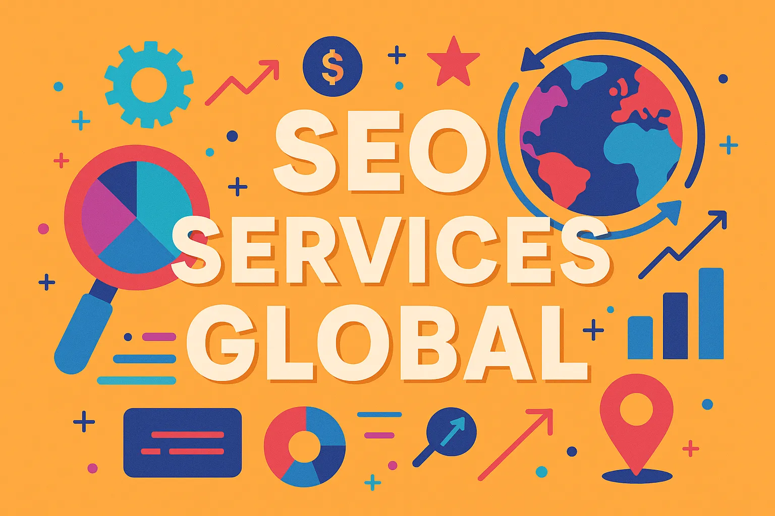 Flat design illustration showing SEO services global with charts, gears, and digital marketing icons