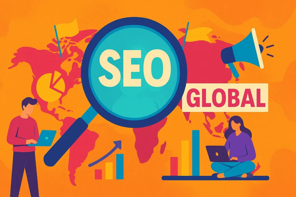 Creative graphic featuring SEO focus and global outreach for SEO services global marketing