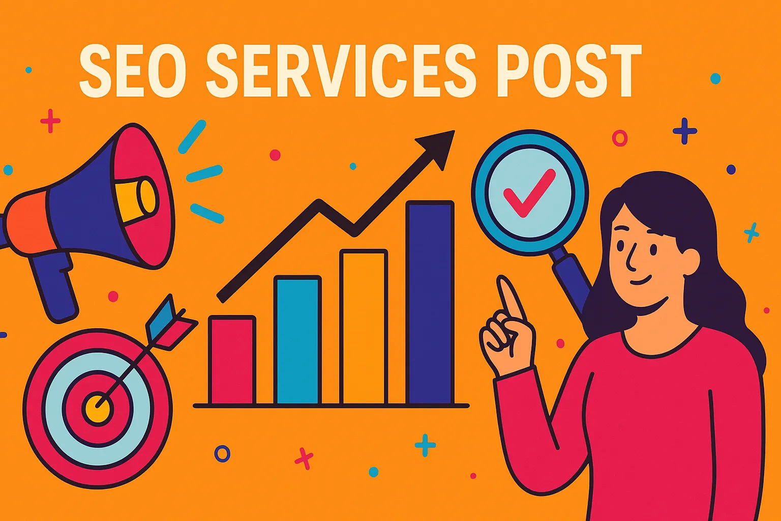 Illustration of bar graphs, megaphone, and search tools symbolizing seo services post-campaign strategies.