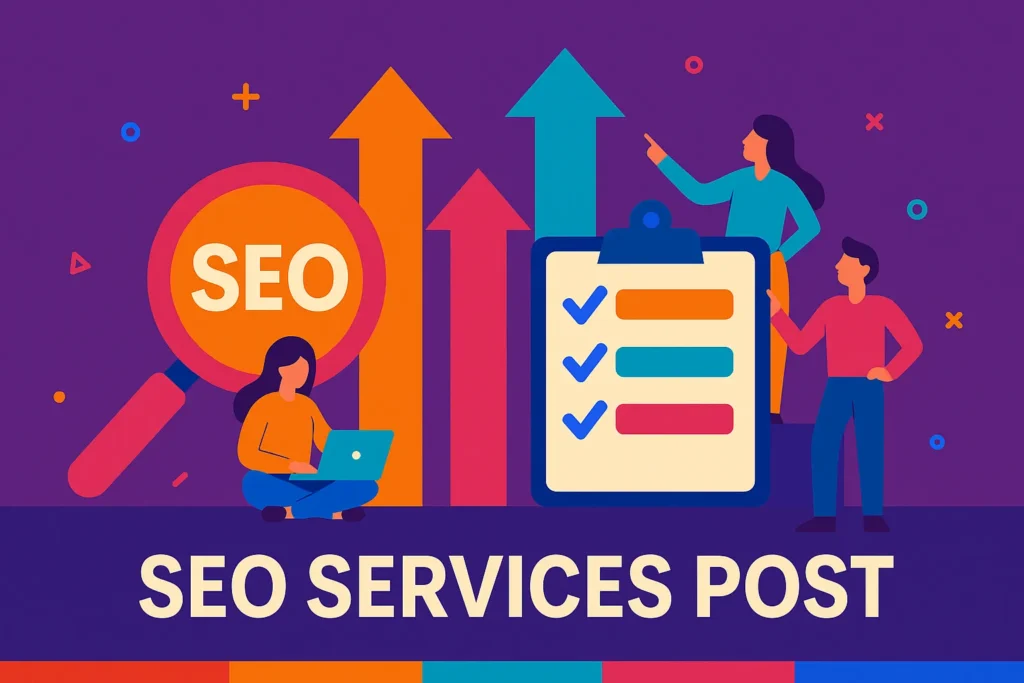 Creative graphic showing checklist and upward arrows highlighting progress from seo services post implementation.