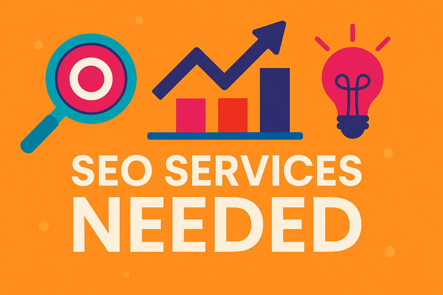 Creative flat design with growth chart, magnifying glass, and lightbulb highlighting SEO services needed.