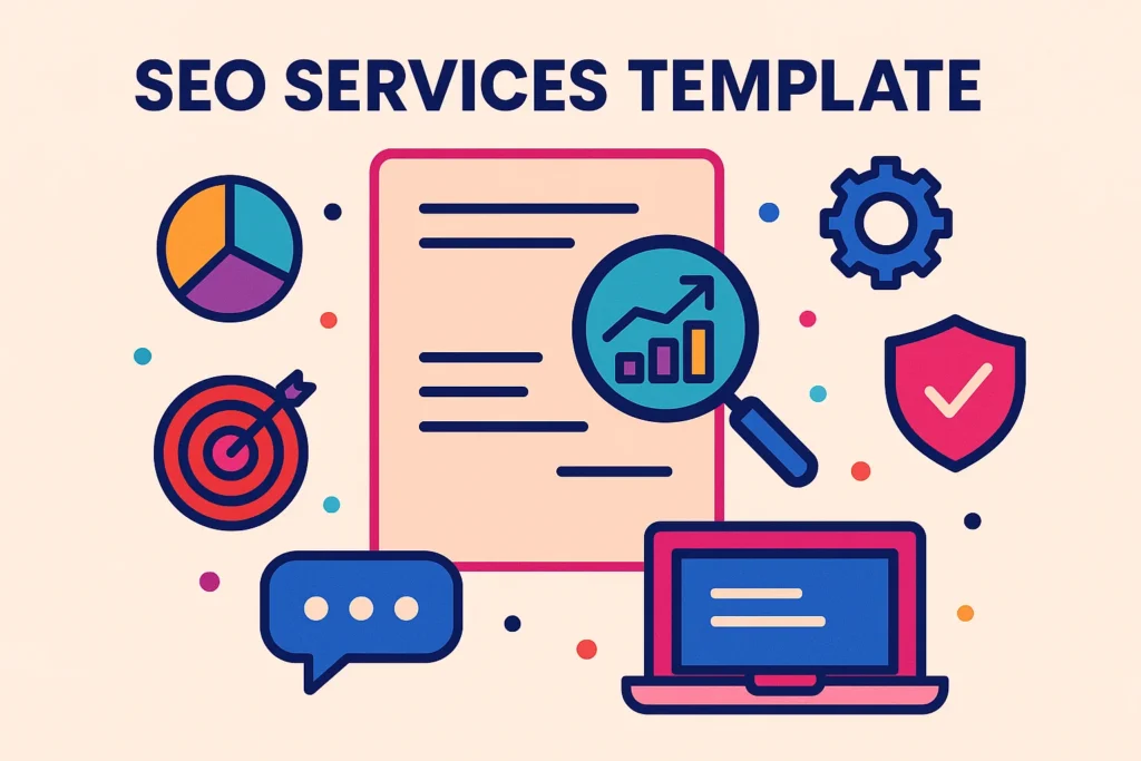 Flat design concept of seo services template with icons for analysis, optimization, and digital marketing tools.