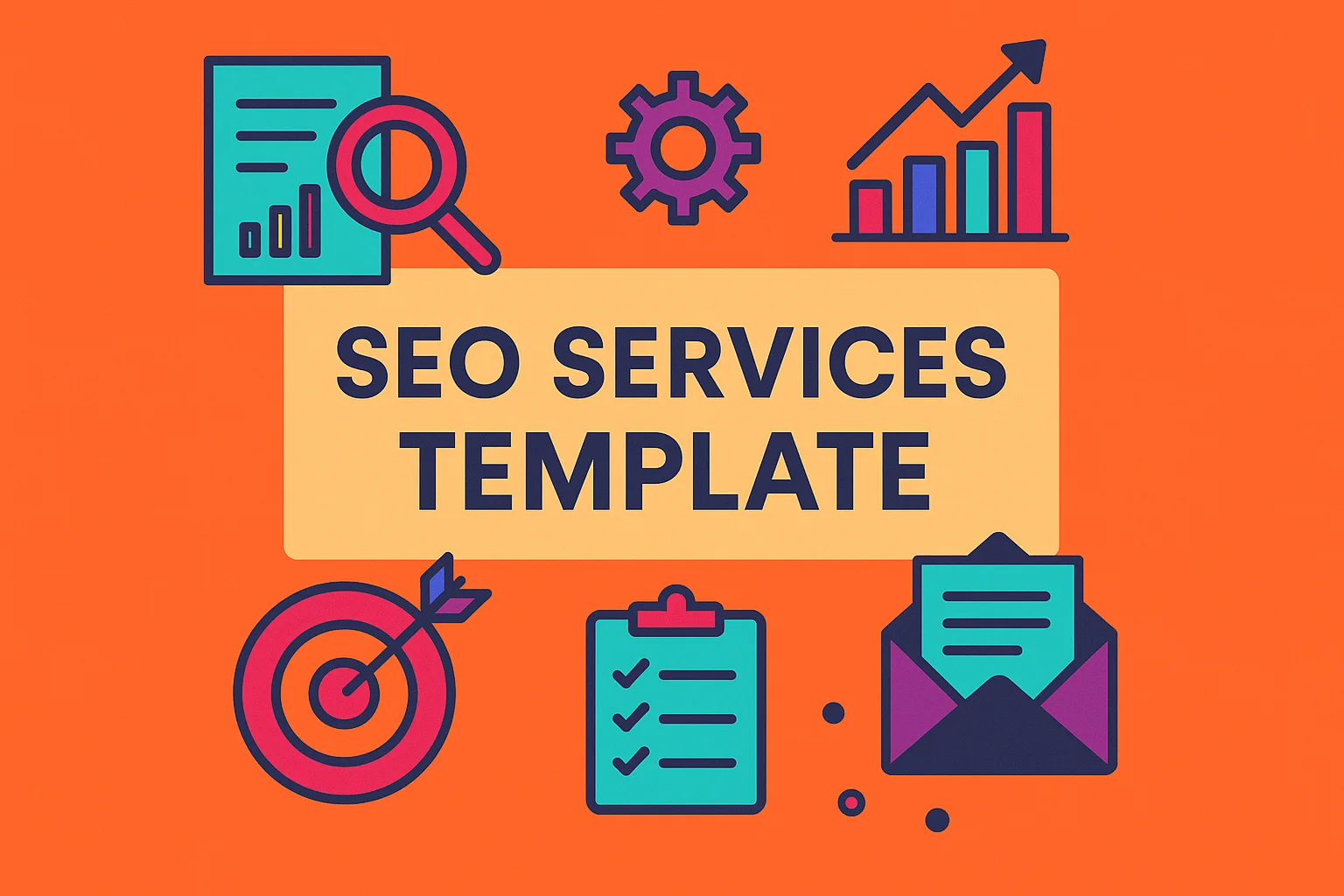 Colorful flat-style layout showing seo services template elements including charts, reports, and SEO strategy visuals.