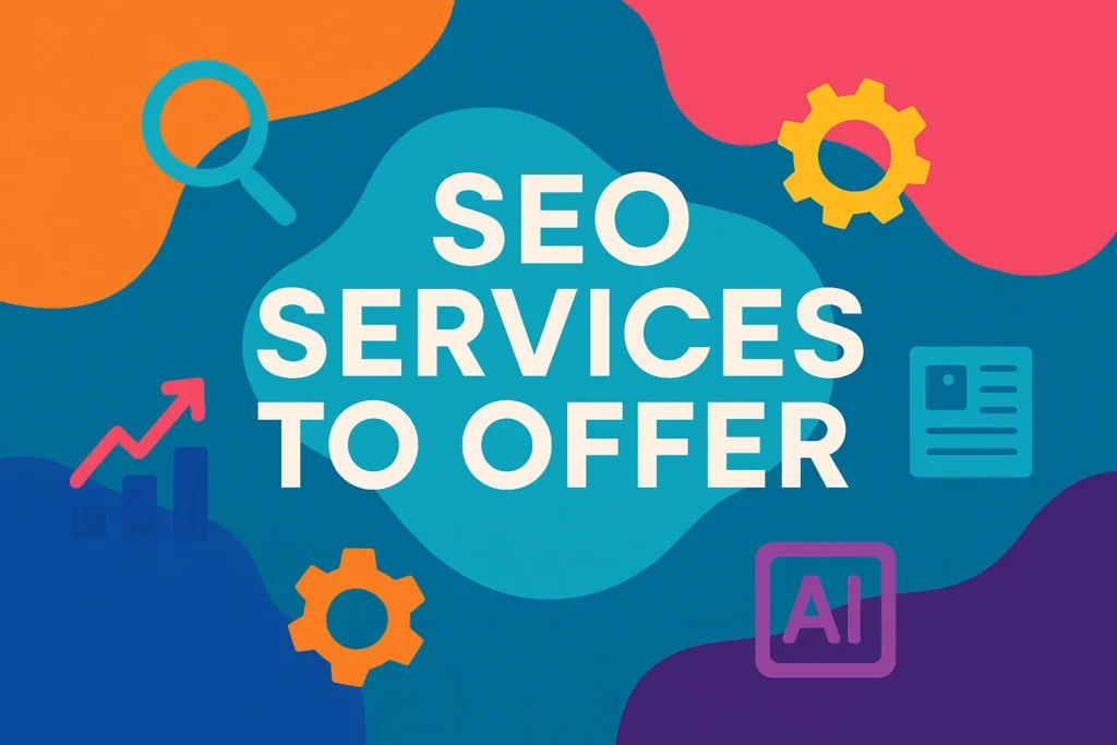 Colorful abstract graphic with icons representing key SEO services to offer in 2025.