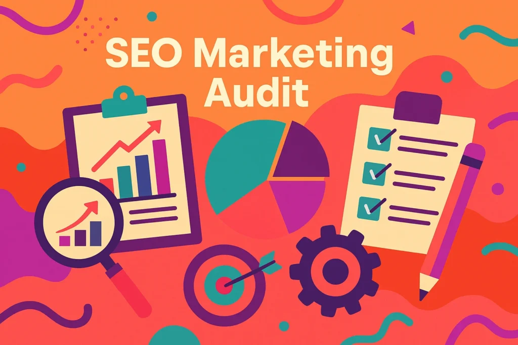 Professional working on seo audit content with performance reports and checklists