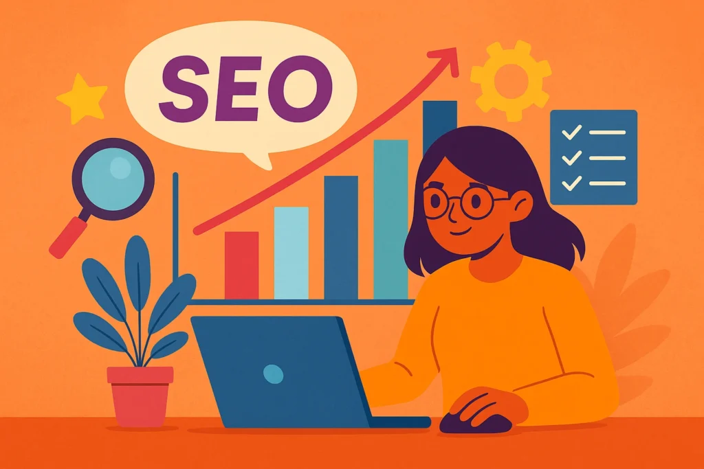 SEO audit content concept with checklists, graphs, and analytics tools