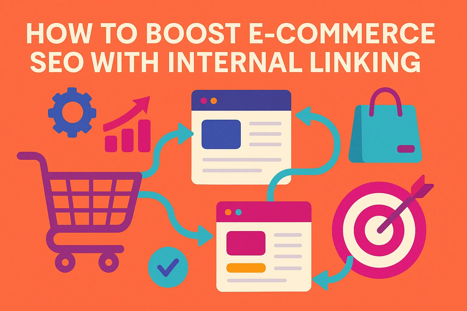 Colorful infographic showing how to boost e commerce SEO with internal linking using arrows, pages, and icons.