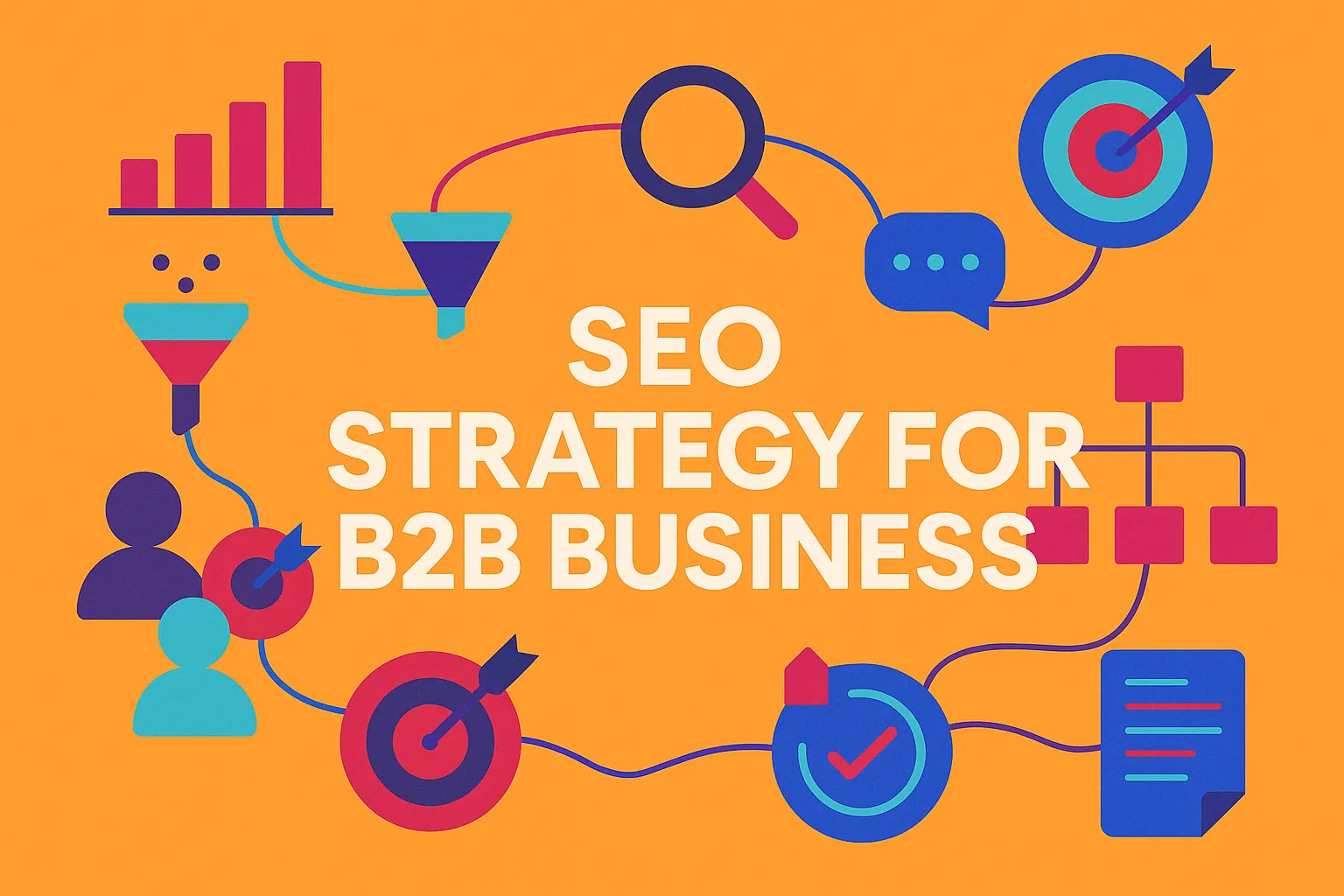 Visual concept illustrating SEO strategy for B2B business with funnels and target icons.