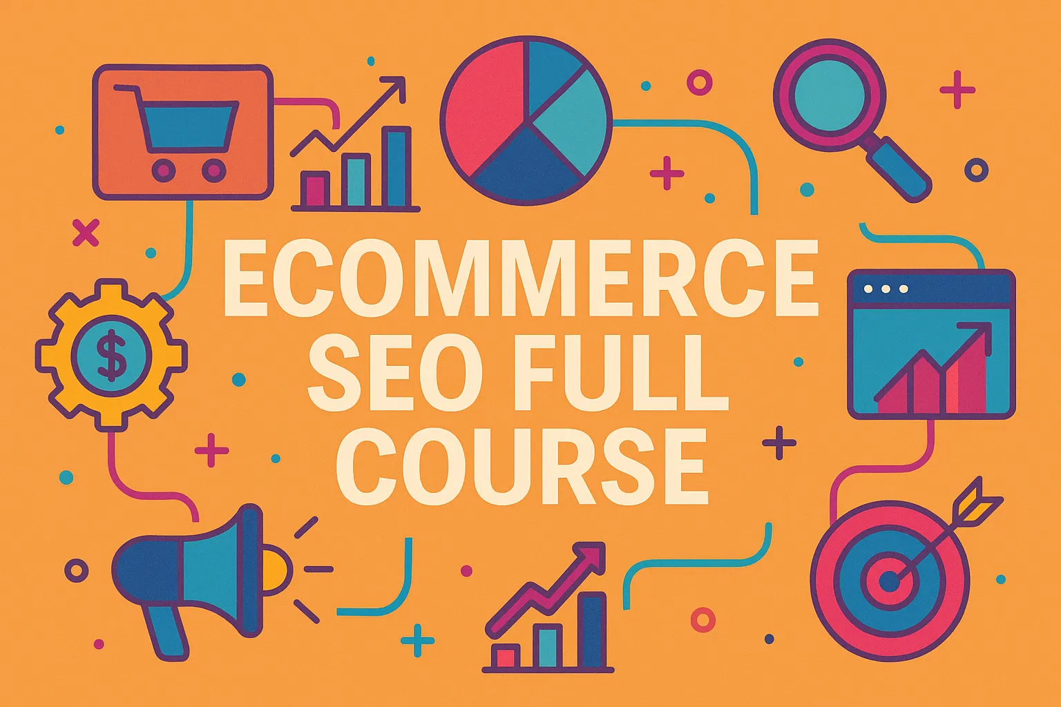 Ecommerce SEO full course header image with marketing icons and upward trend visuals in bold flat design.