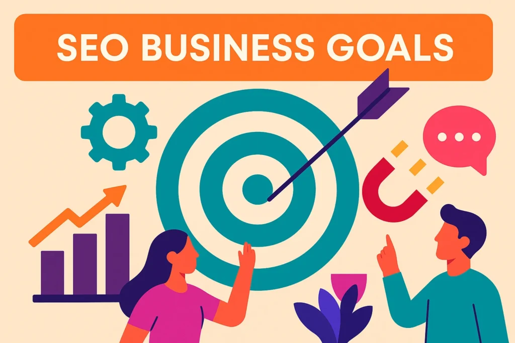 Flat-style illustration of two professionals aiming at a target to represent achieving SEO business goals with strategy.