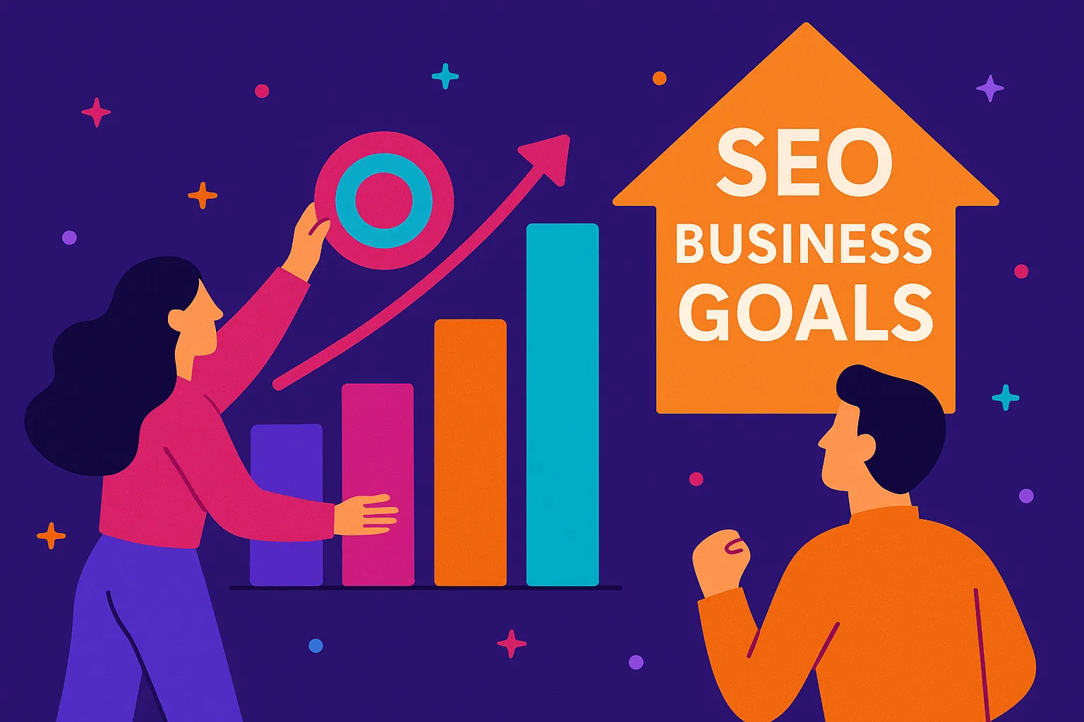 Digital illustration of people growing charts and placing a target to symbolize successful SEO business goals in action.